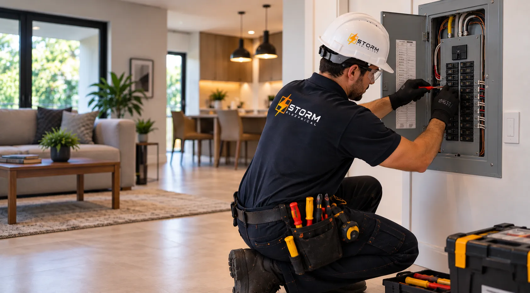 Storm Electrical electrician working on a home electrical panel