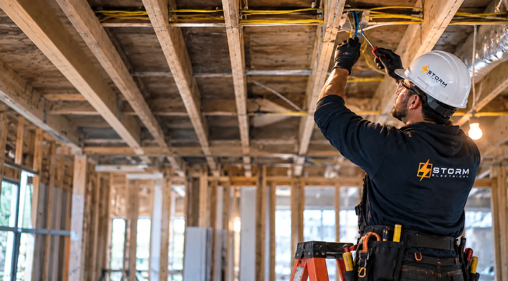 Storm Electrical electrician wiring a ceiling on a new construction job