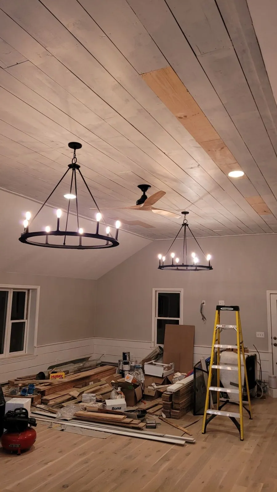 Chandeliers and fan on a vaulted ceiling, a Storm Electrical job in Massachusetts