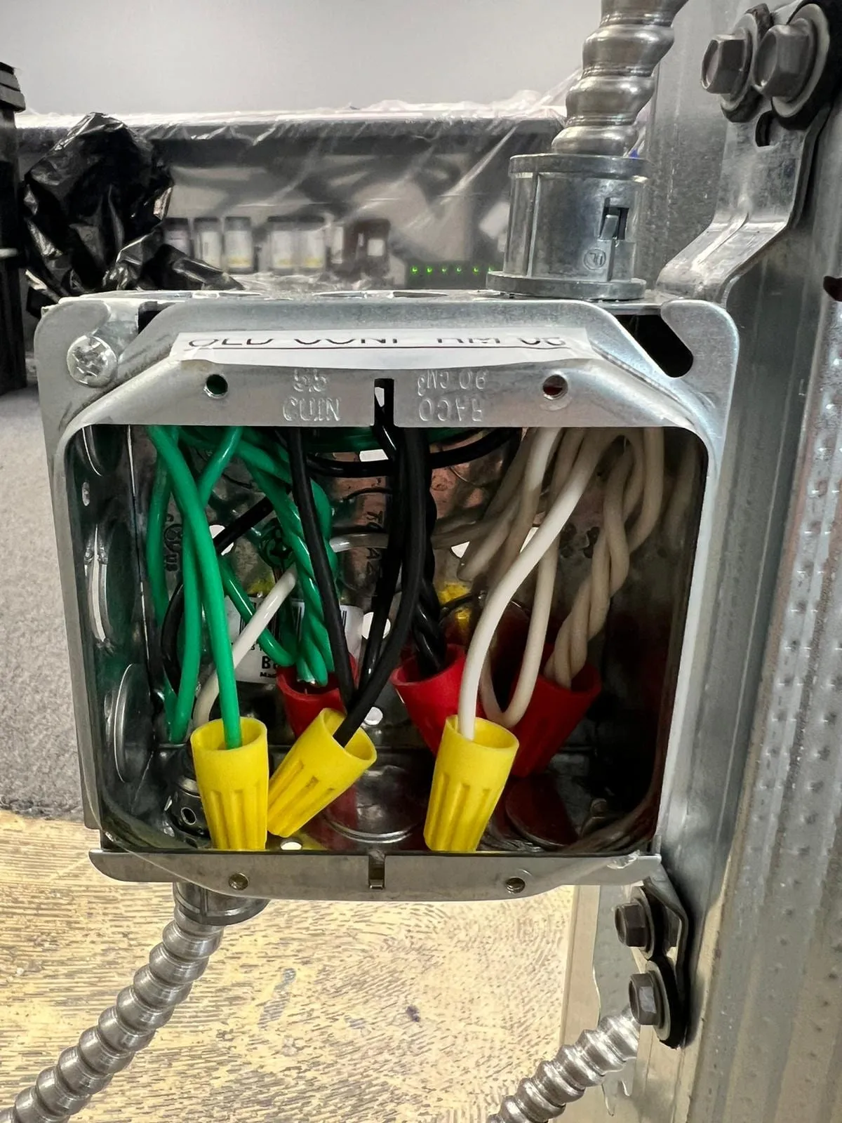 Splices made up in a metal box, a Storm Electrical job in Massachusetts
