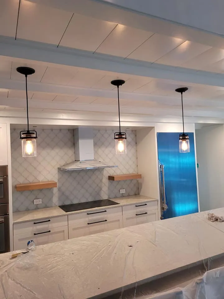 Industrial pendants over a counter, a Storm Electrical job in Massachusetts