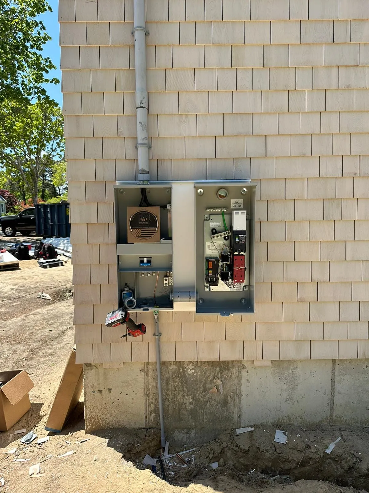 Service equipment during construction, a Storm Electrical job in Massachusetts