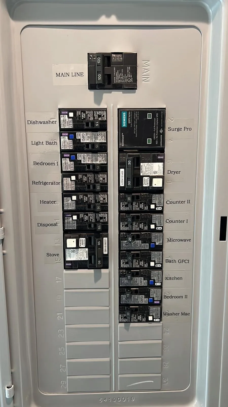 Labeled panel with surge protection, a Storm Electrical job in Massachusetts