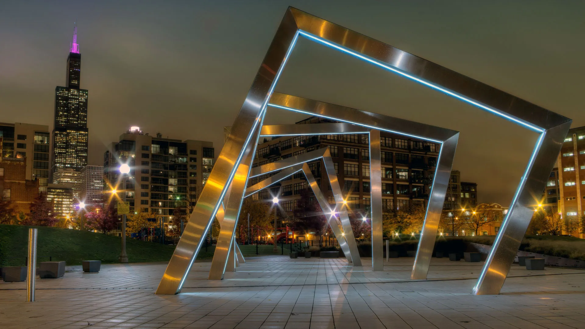 Architectural lighting installation at night